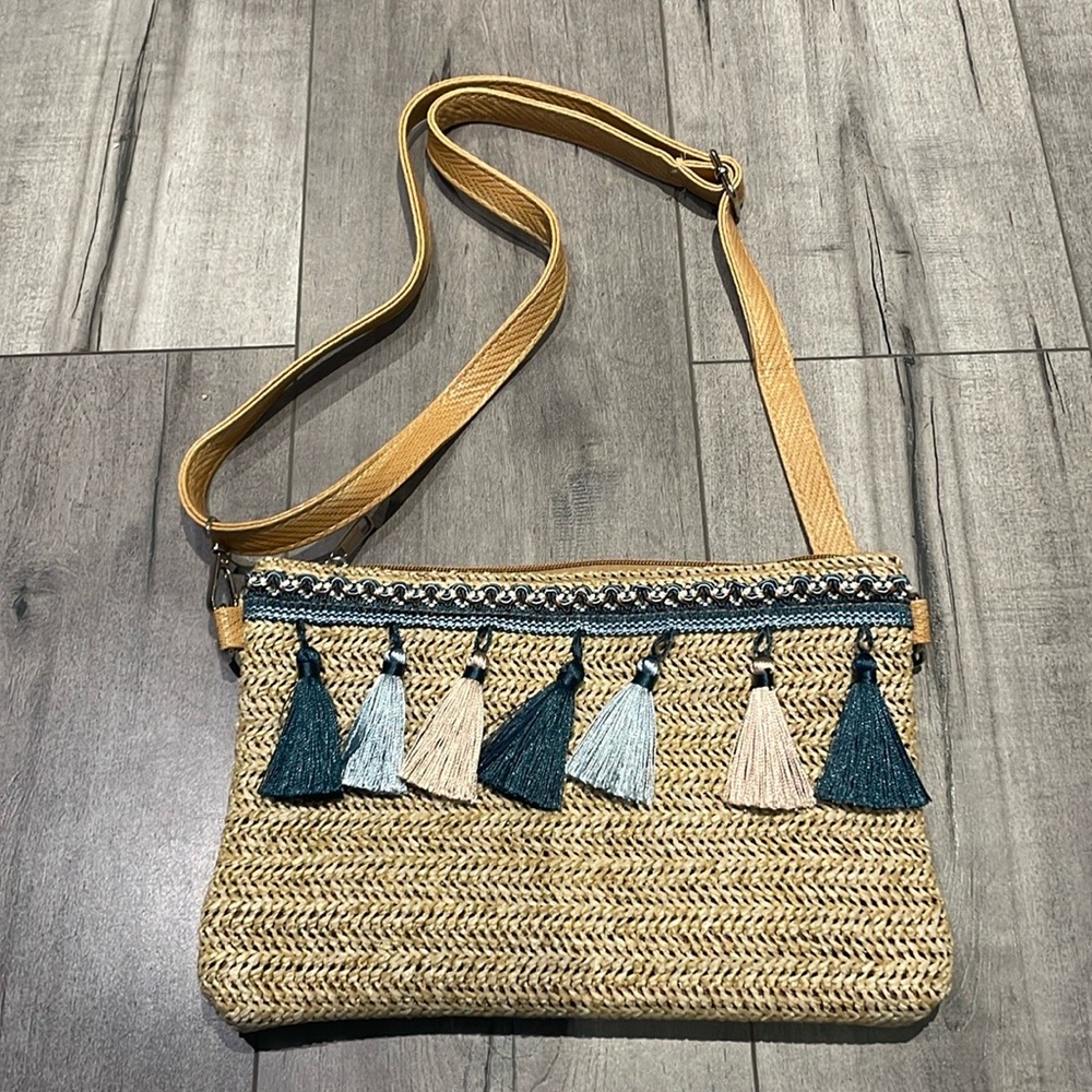Boho beach style tassel bag in neutral and blue color